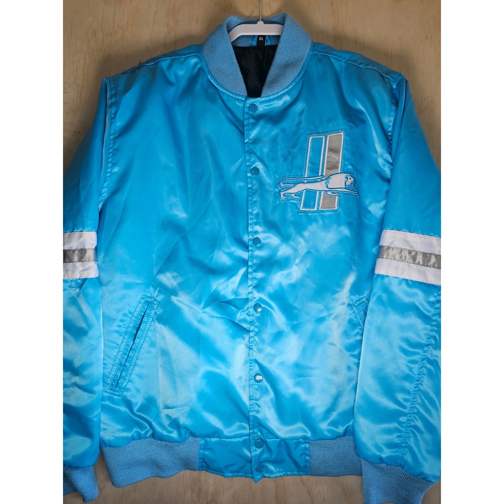 Detroit Lions Mens XL Blue Satin Varsity Bomber Jacket Snap Front Quilted Lining
